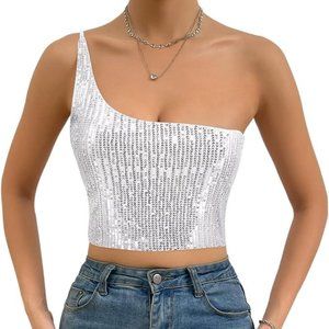 One Shoulder White/Silver Sequin Crop Top Size S